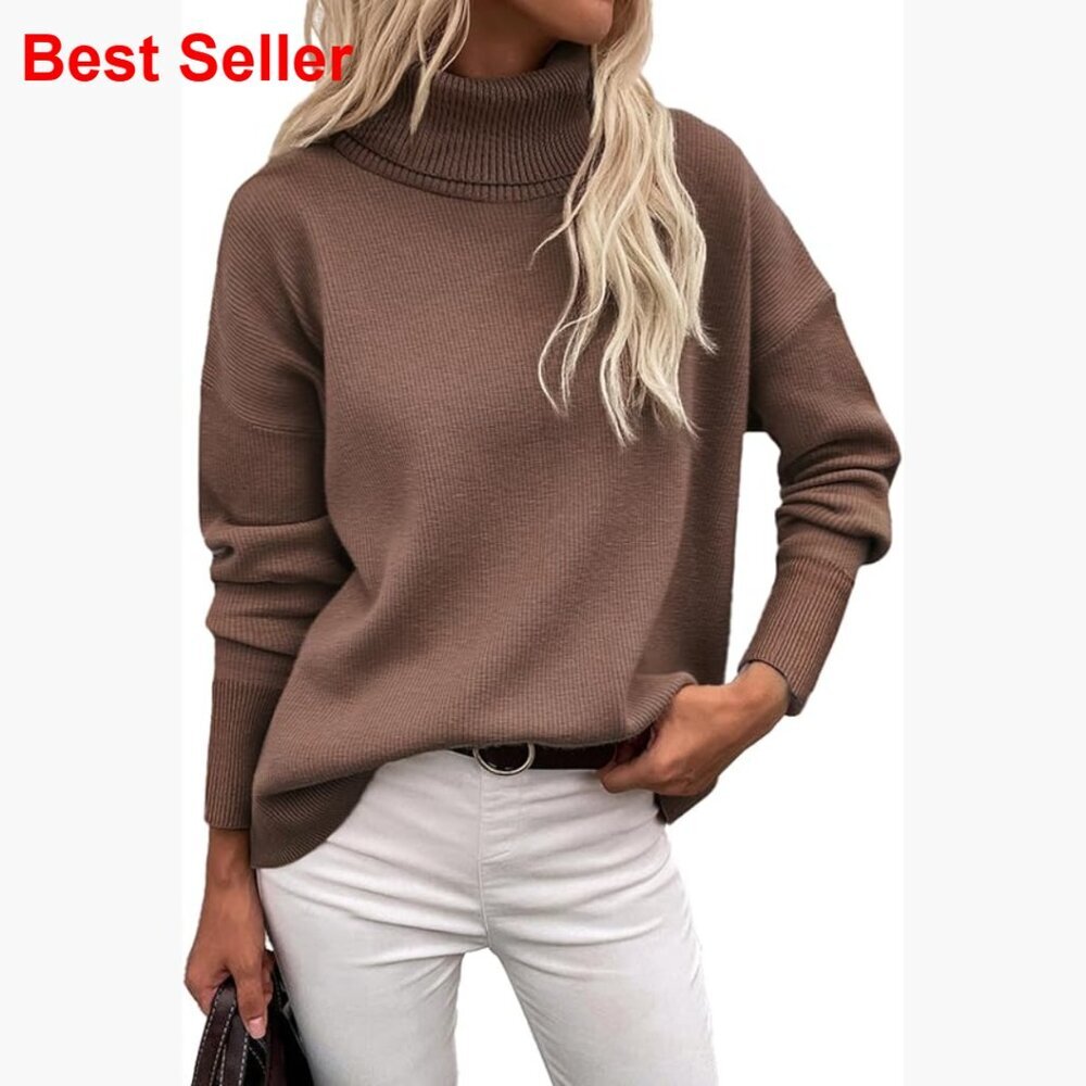 Turtleneck Chunky Knitted Pullover Sweater High Low Hem Oversized Top